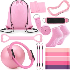 18 women's fitness equipment accessories: Pilates balls, stretching straps, magic rings